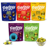 Freestyle Snacks frente del pack mostrando cinco bolsas, fácil transporte