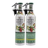 Fresh Press Farms frente del pack de dos botellas que protege el aceite