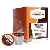Fresh Roasted Coffee caja frontal Tanzanian Peaberry mostrando 24 cápsulas y beneficios