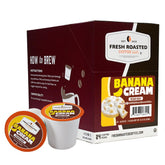 Fresh Roasted Coffee caja frontal con diseño y descripción del sabor banana cream mostrando conteo de 24 cápsulas