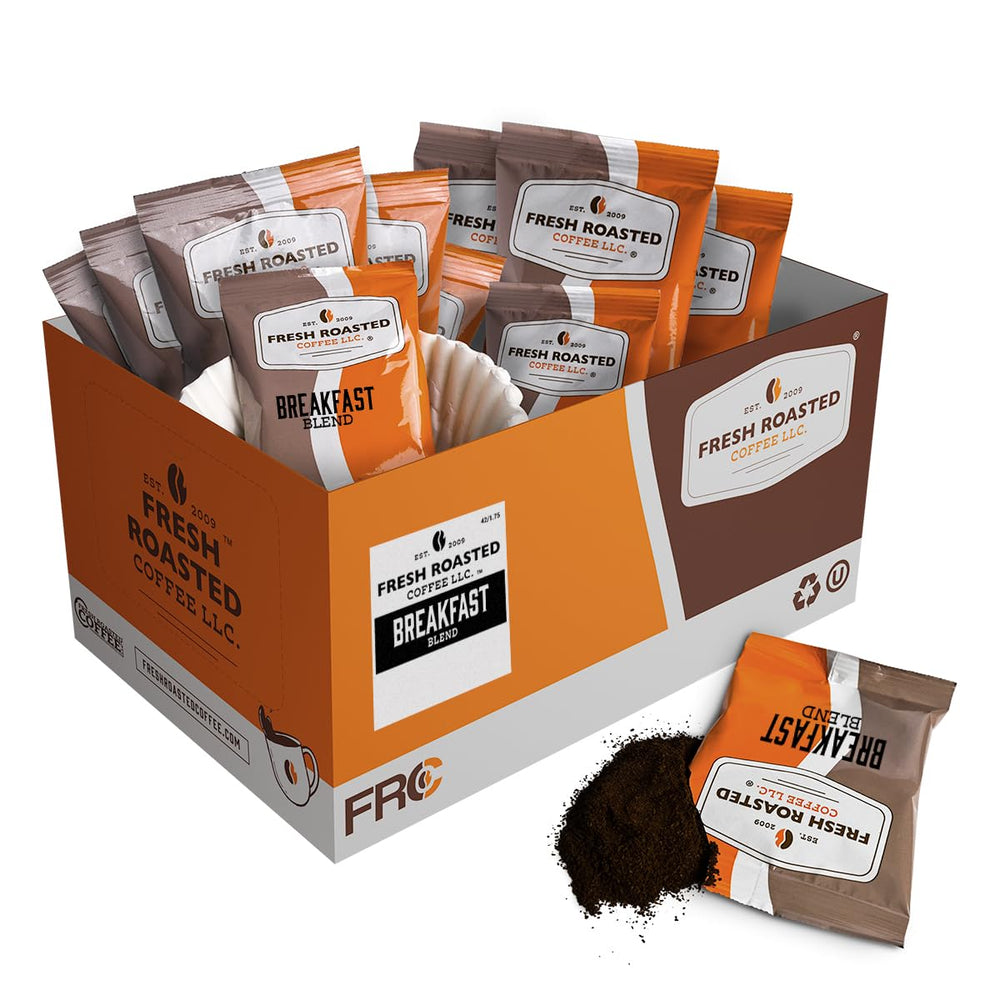 Fresh Roasted Coffee caja frontal con 42 sobres, muestra conveniencia