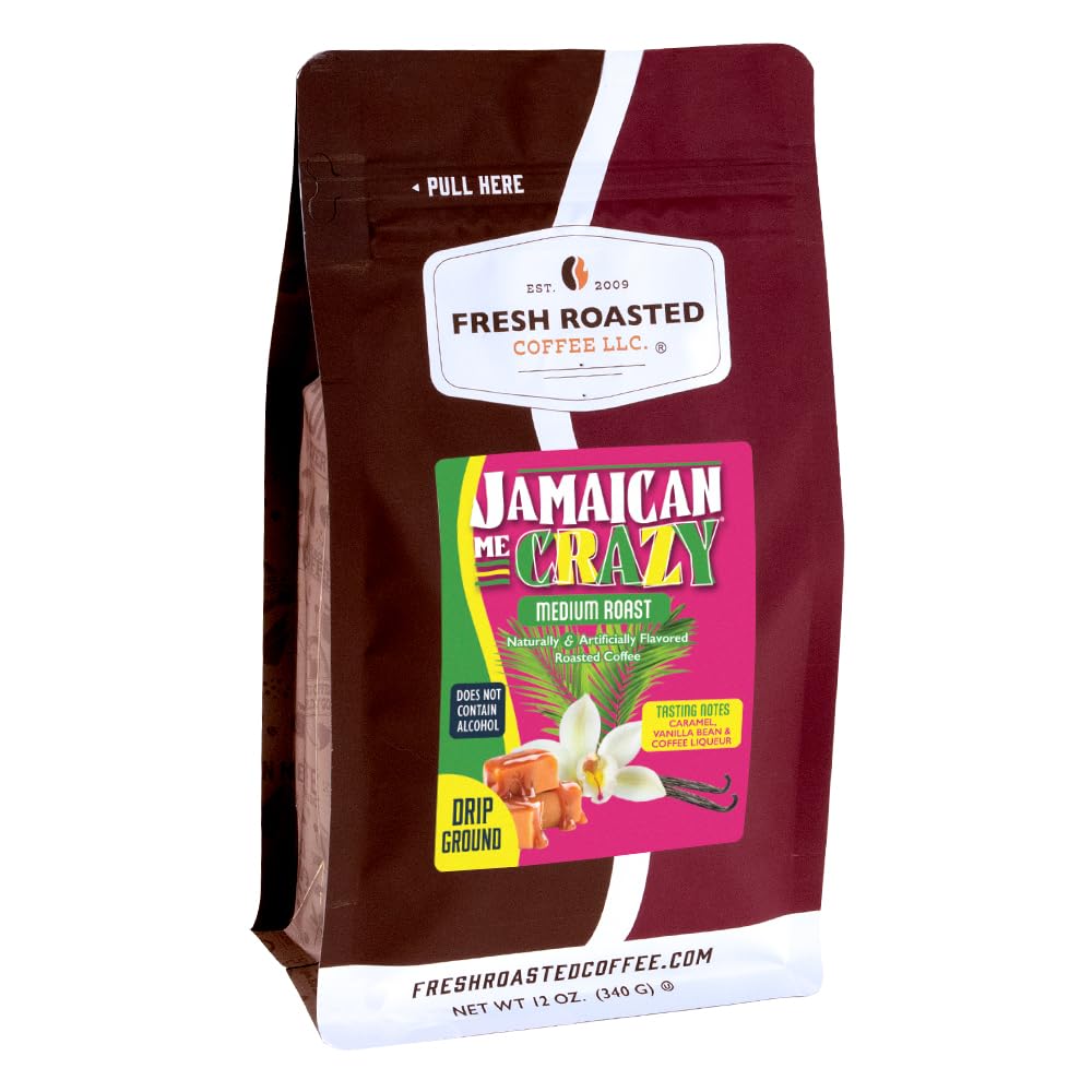 Fresh Roasted Coffee bolsa frontal Jamaican Me Crazy mostrando 12 oz y diseño atractivo