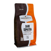 Fresh Roasted Coffee frente del empaque Dark Sumatra, apariencia premium y sello kosher