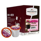 Fresh Roasted Coffee envase frontal de Raspberry Mocha mostrando 24 cápsulas y beneficio conveniencia
