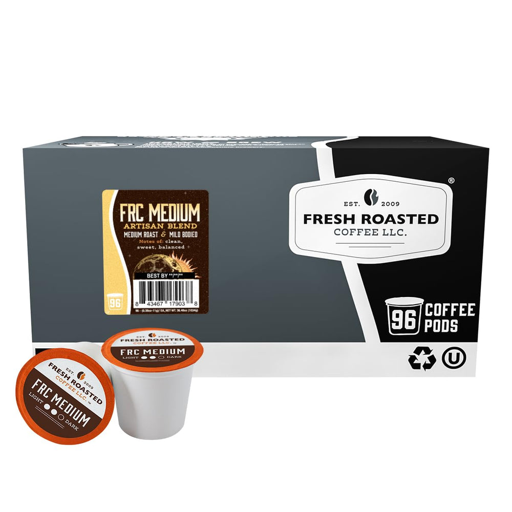 Fresh Roasted Coffee frontal del paquete de 96 cápsulas, conveniencia diaria