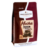 Fresh Roasted Coffee empaque frontal mostrando sabor mocha y 12 oz, aroma visible