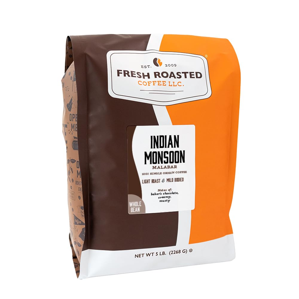 Fresh Roasted Coffee paquete frontal 5 lb mostrando la marca y beneficio de volumen