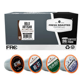 Fresh Roasted Coffee frontal del pack mostrando 96 cápsulas y beneficios de frescura
