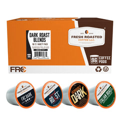 Fresh Roasted Coffee frontal del pack mostrando 96 cápsulas y variedad
