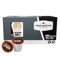Fresh Roasted Coffee frontal mostrando caja de 96 cápsulas y logo, ideal para compras al por mayor