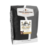 Fresh Roasted Coffee paquete frente mostrando 5 lb y certificaciones, conveniencia