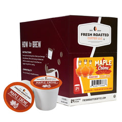 Fresh Roasted Coffee paquete frontal Maple Crème mostrando el logo y conteo 24