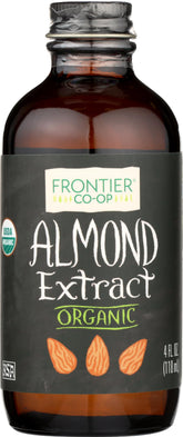 Frontier Co-op frasco frontal mostrando extracto de almendra y claridad