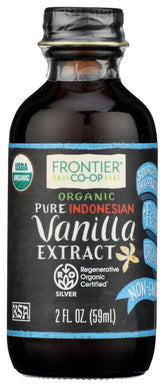 Frontier Co-op botella frontal mostrando extracto de vainilla, intenso aroma