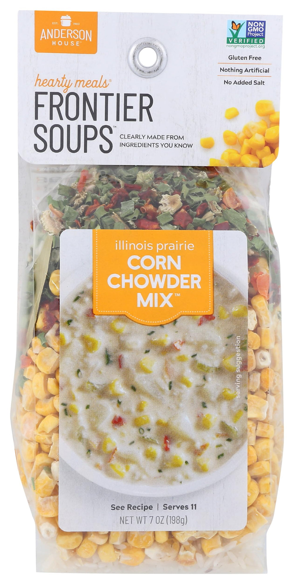 Frontier Soups vista frontal del empaque mostrando la mezcla y conveniencia