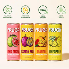 FRUGA varias latas agrupadas resaltando variedad de sabores y colorido