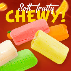 FRUIT CHEWS primer plano textura blanda y masticable, sensación uniforme