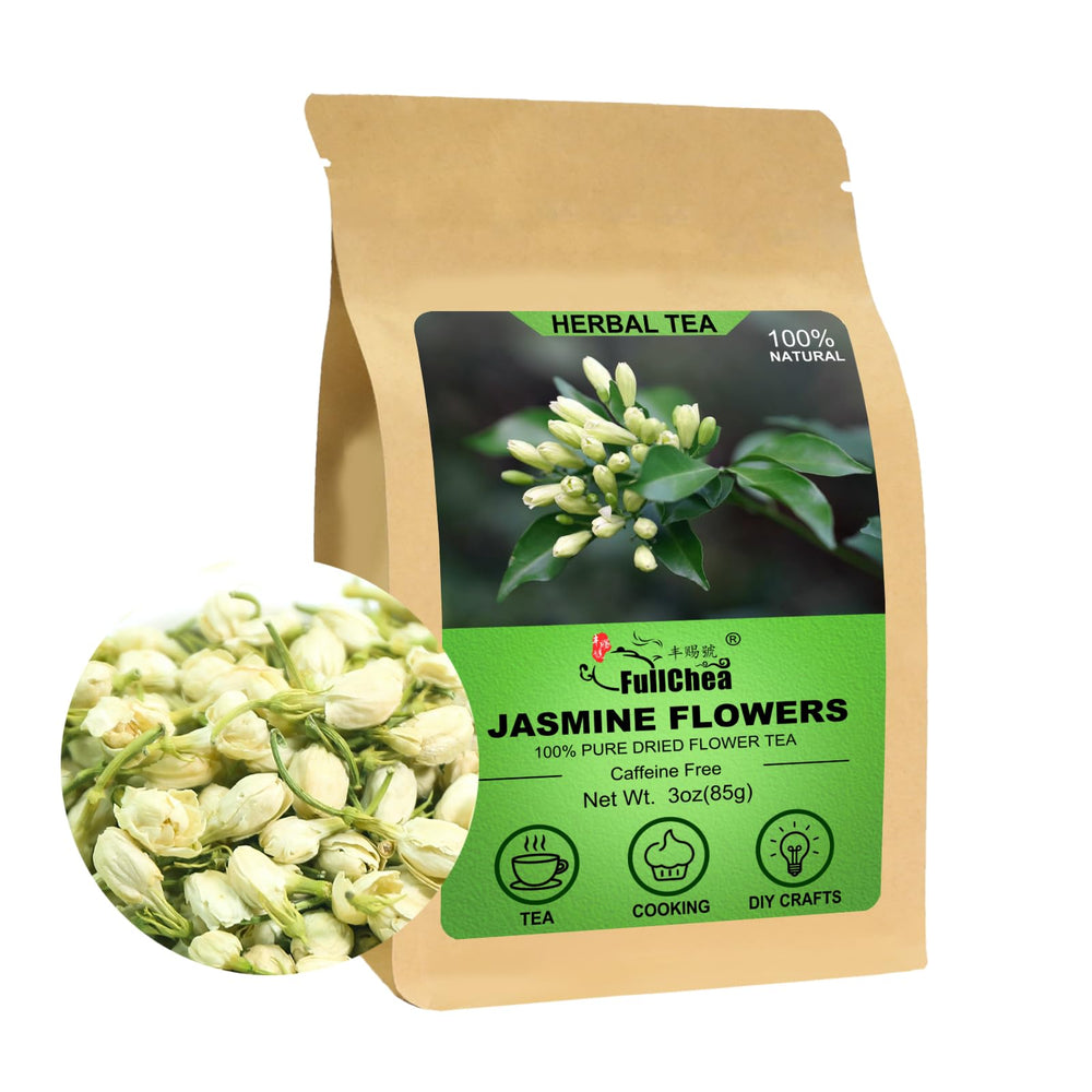 FullChea paquete frontal de flores de jazmín mostrando etiqueta y cantidad