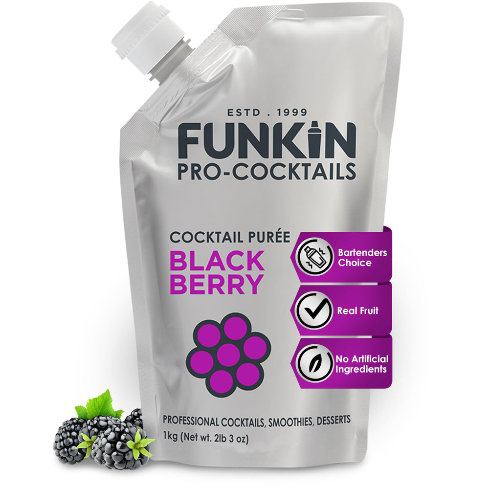 Funkin envase frontal de puré de mora muestra presentación y beneficios prácticos