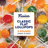 Fusion Sweets And Snacks paquete frente mostrando piruletas surtidas y limpio