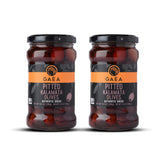 Gaea frasco frente con aceitunas Kalamata listo para servir y ahorrar tiempo