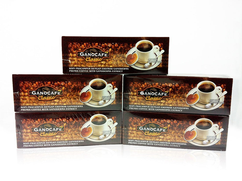 GANO EXCEL GanoCafe Classic frente del empaque mostrando las 5 cajas, conveniente