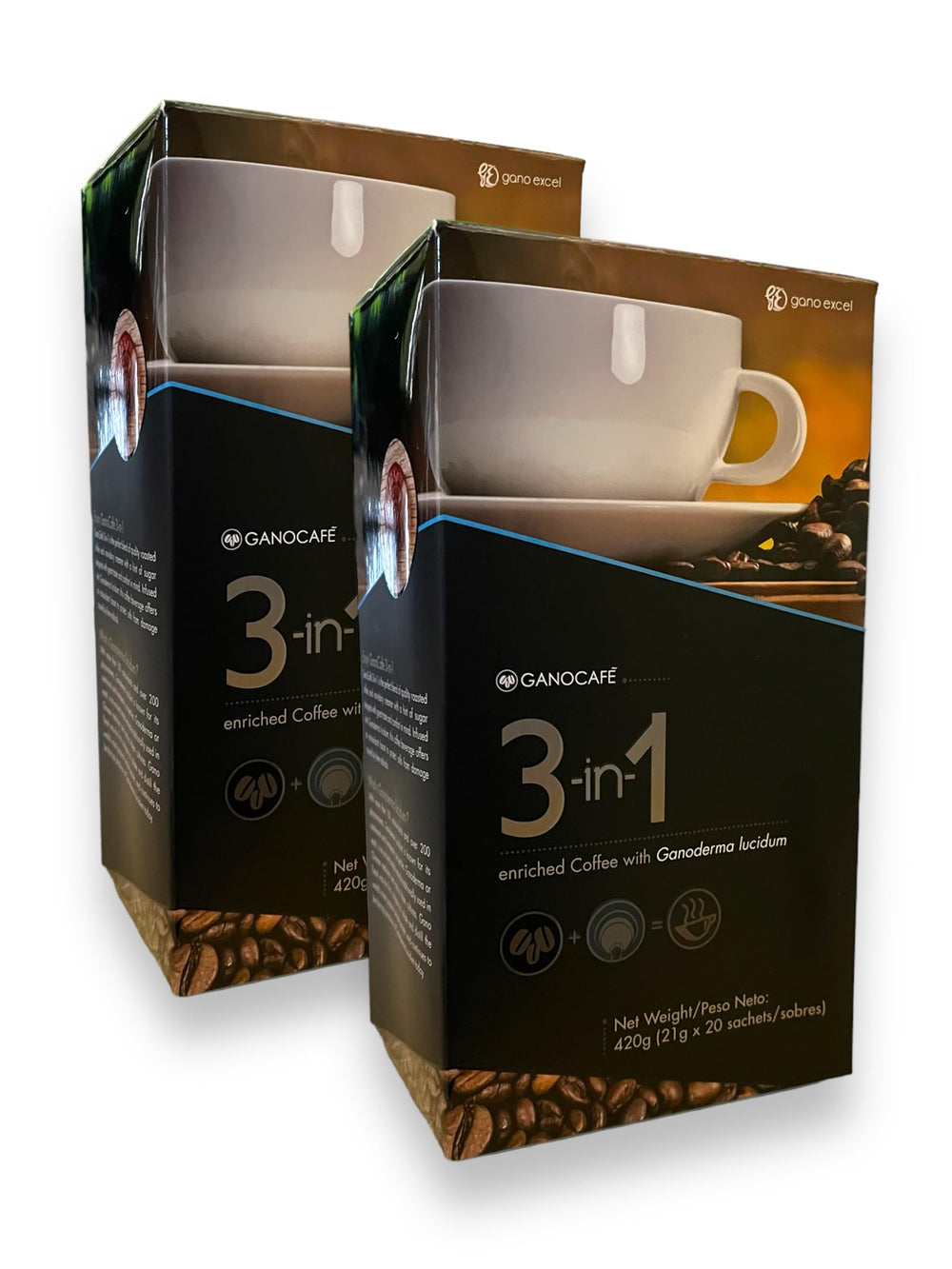 GanoCafé presentación frontal mostrando cajas y diseño claro, conveniencia inmediata