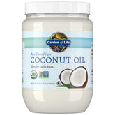 Garden of Life frasco frontal mostrando aceite de coco orgánico, opción culinaria confiable