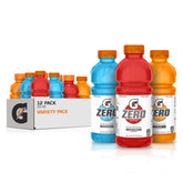 Gatorade G Zero vista frontal del pack mostrando las 12 botellas y variedad