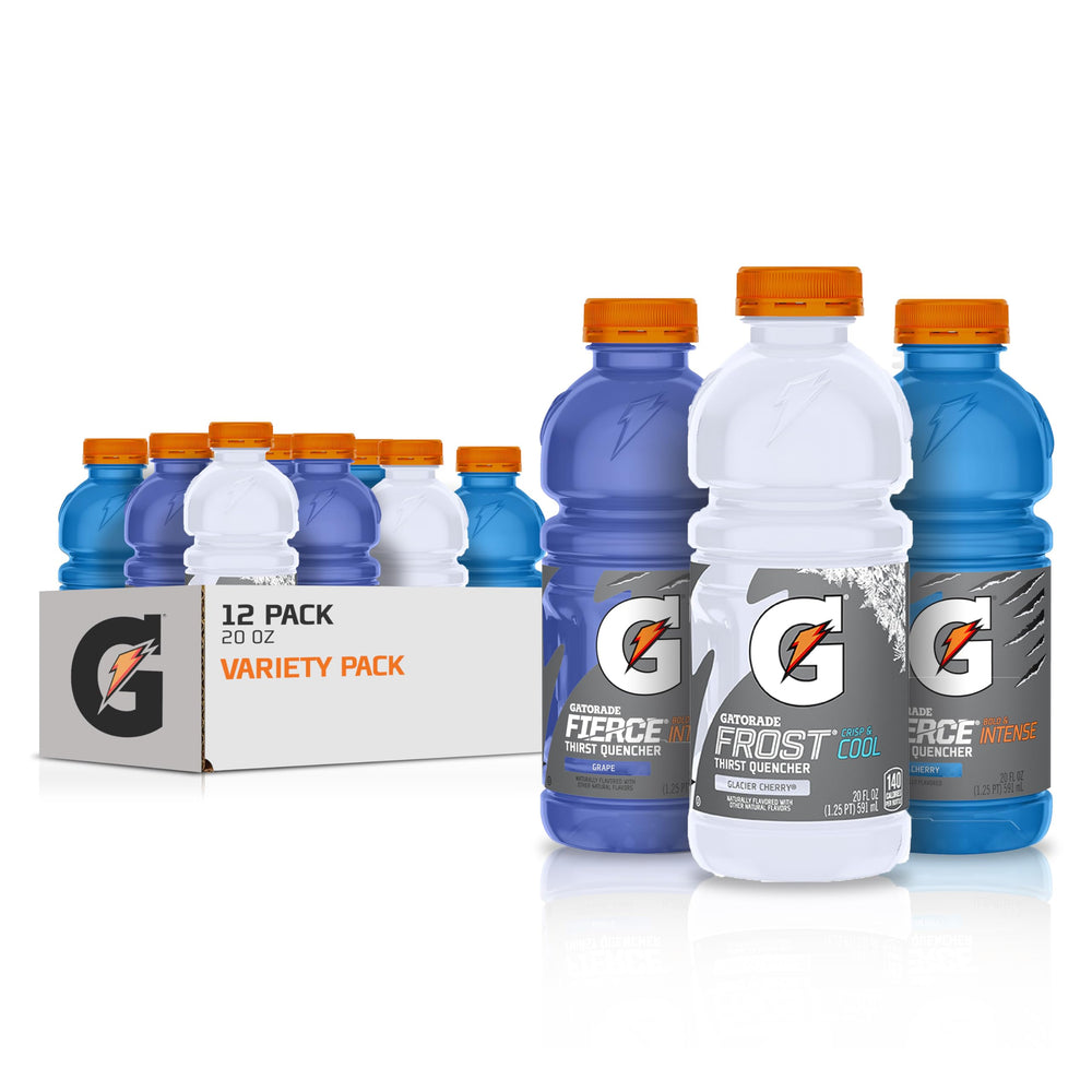 Gatorade pack frontal mostrando 12 botellas y selección de sabores para hidratación rápida