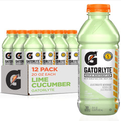 Gatorlyte primera plana botella lime cucumber mostrando etiqueta y beneficio de rehidratación rápida