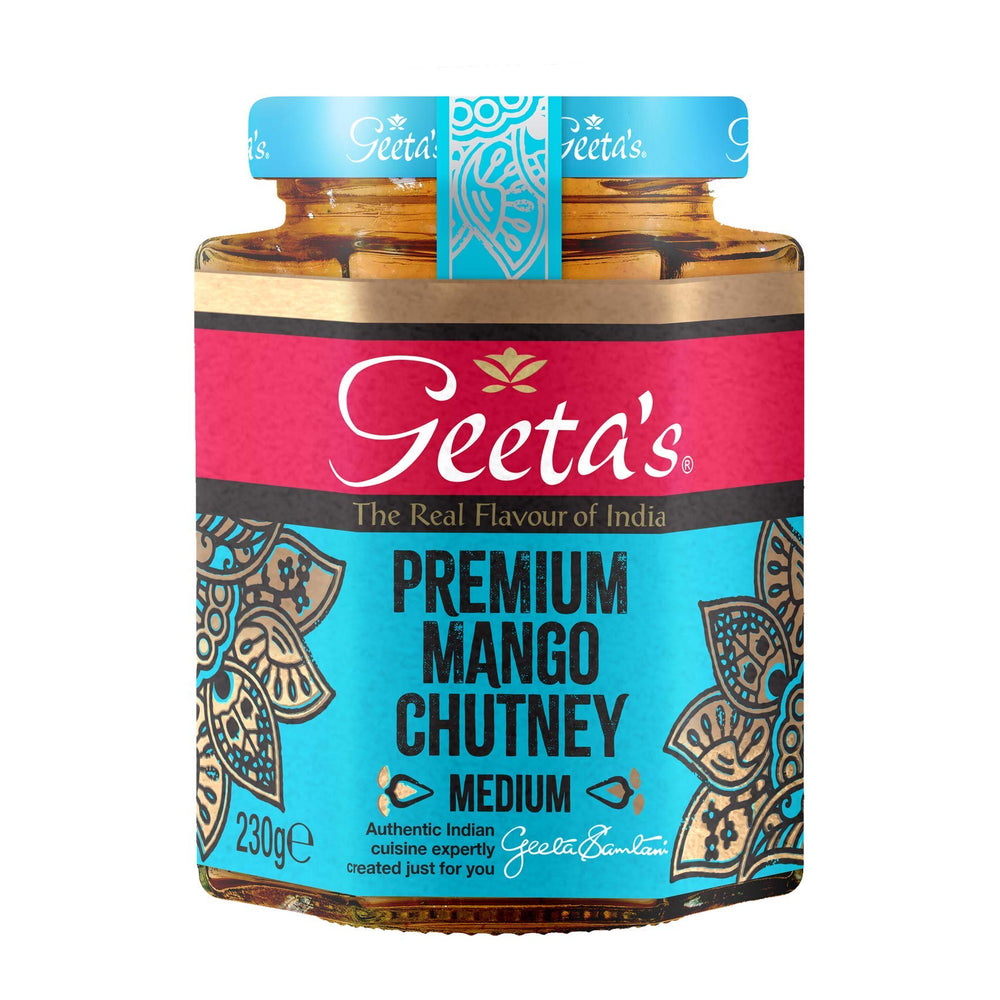 Geeta's frasco frontal de mango chutney 230g mostrando etiqueta y textura atractiva