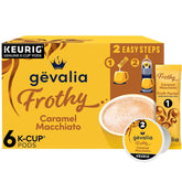Gevalia caja frontal de cápsulas K-Cup mostrando contenido y beneficio conveniencia