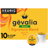 Gevalia caja frontal K-Cup Signature Descafeinado mostrando envío y beneficio conveniencia