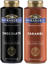 Ghirardelli botellas frontal mostrando chocolate y caramelo, fácil dosificación
