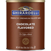 Ghirardelli lata frente mostrando etiqueta y beneficio de sabor intenso