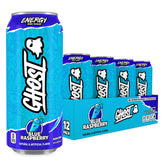 GHOST lata frontal Blue Raspberry mostrando etiqueta transparente y beneficio energético
