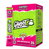 GHOST caja frontal con sobres Sour Watermelon muestra presentación y conveniencia