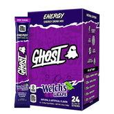 GHOST embalaje frontal Welch's Grape mostrando 24 sobres y beneficio portátil