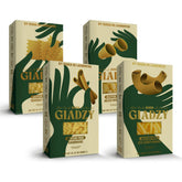 Giadzy vista frontal del pack de cuatro pastas sin gluten, presentación clara y atractiva