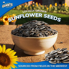 GIANTS SUNFLOWER SEEDS primer plano de semillas tostadas, textura crujiente evidente