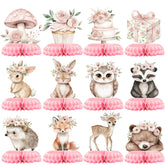 Glezo centro de mesa frontal mostrando animales del bosque y tonos rosa para ambiente tierno
