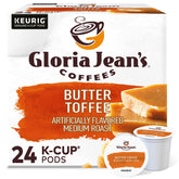 Gloria Jean's paquete frontal Butter Toffee mostrando 24 cápsulas y beneficios de sabor