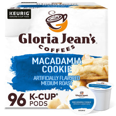 Gloria Jean's caja frontal de K-Cup Macadamia Cookie mostrando paquete y marca
