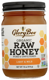 GloryBee envase frontal de 18 oz mostrando etiqueta orgánica y aspecto apetecible