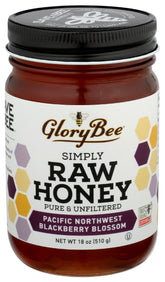 GloryBee frasco frontal de miel de flor de mora con etiqueta clara y beneficios