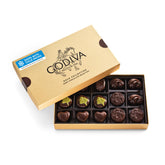 Godiva caja dorada frontal mostrando diseño elegante y listada para regalo