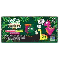 GoGo squeeZ etiqueta Prehistoric Peach con ingredientes visibles y atractivo infantil