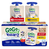 GoGo squeeZ frente del empaque mostrando pack variado 20 unidades y conveniencia