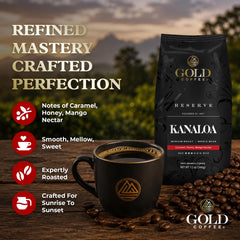 Gold Coffee Company primer plano de granos Kanaloa mostrando textura y tueste
